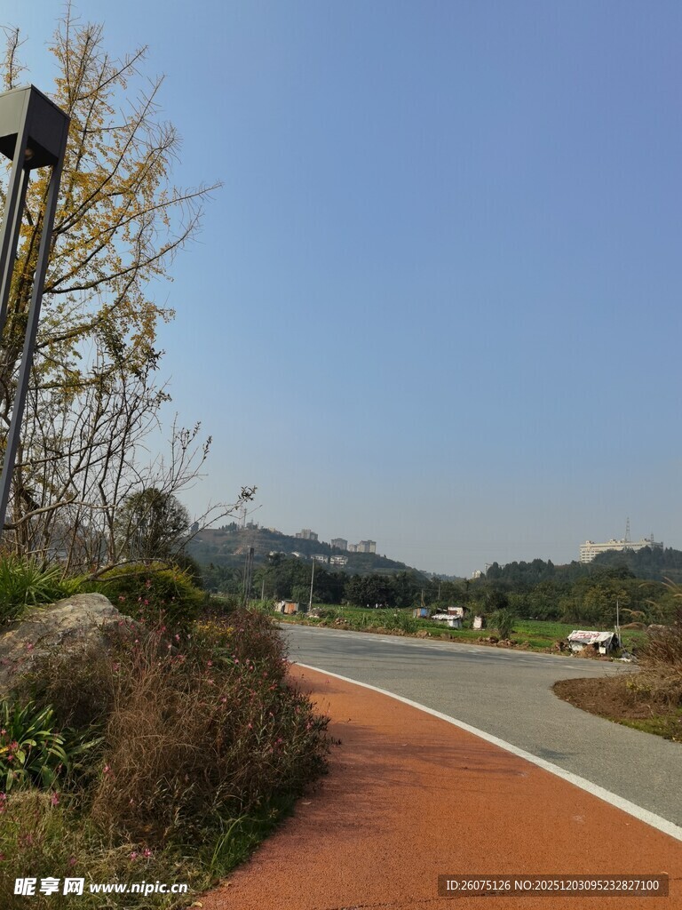 秋日蜿蜒彩色骑行道路