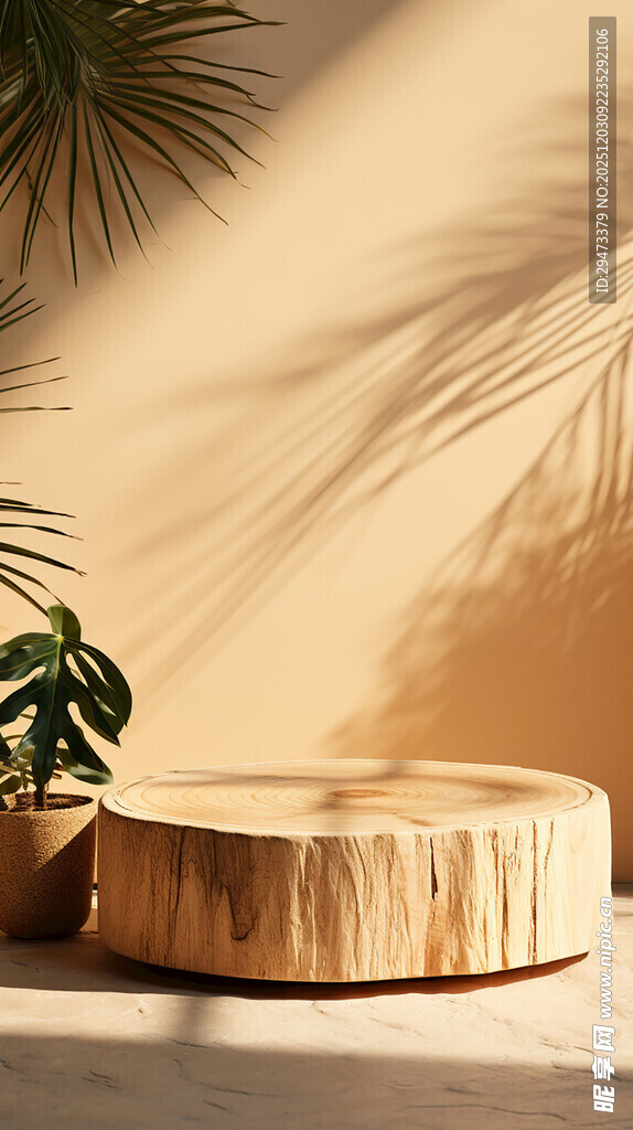 简约木质圆台与绿植场景