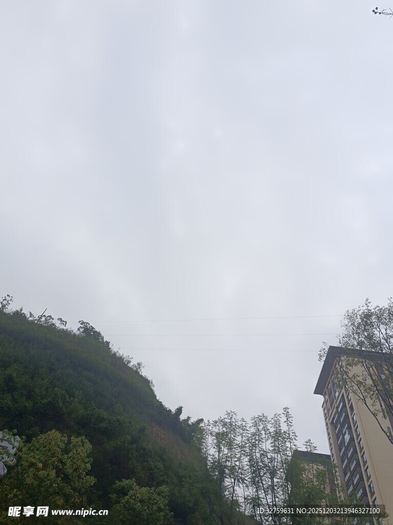 高楼旁的山景与空中飞鸟