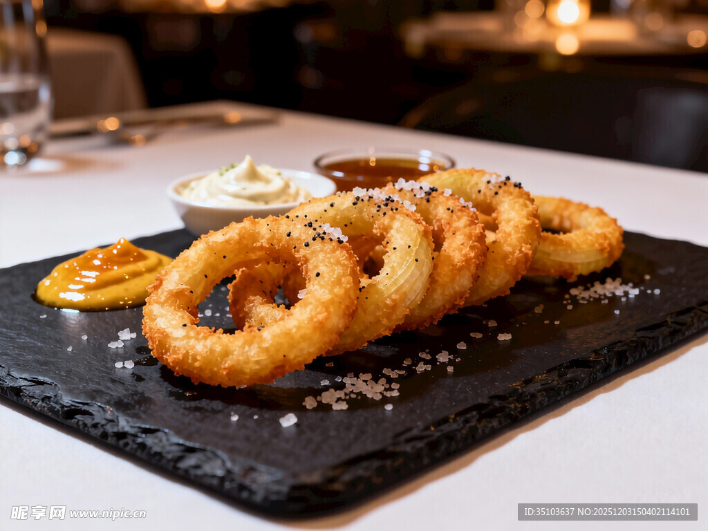 香脆炸鱿鱼圈摆于黑石板