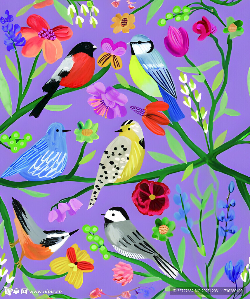 多彩花鸟绘于梦幻紫色背景