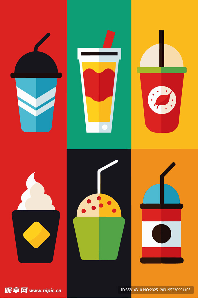 多彩美味的各式饮品图标