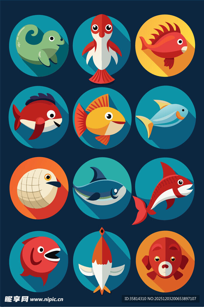 海洋动物圆形图标集合