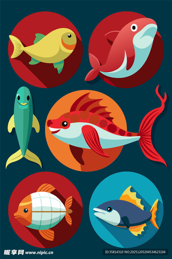 多彩卡通鱼类图案集合