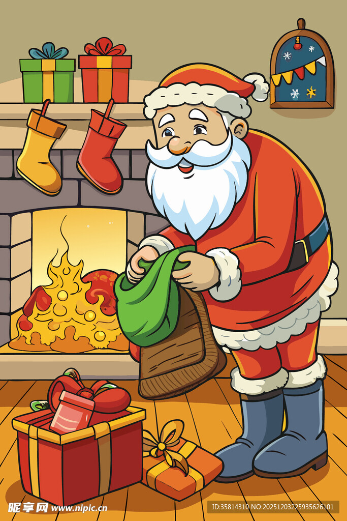 圣诞老人在壁炉旁装礼物