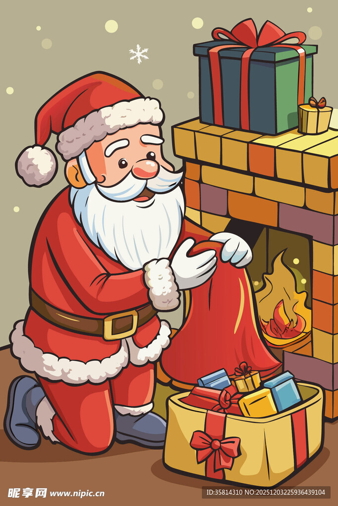 圣诞老人在壁炉旁装礼物