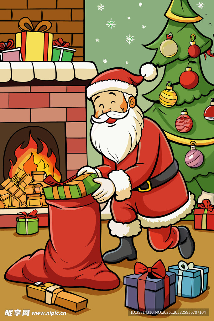 圣诞老人在壁炉旁装礼物