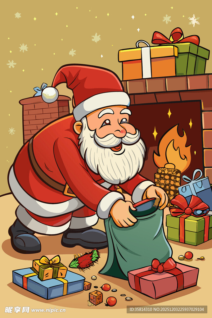 圣诞老人在壁炉旁整理礼物