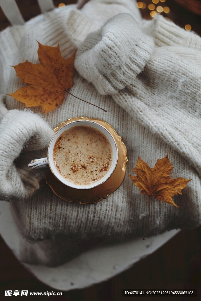 冬日毛毯上的温暖咖啡时光