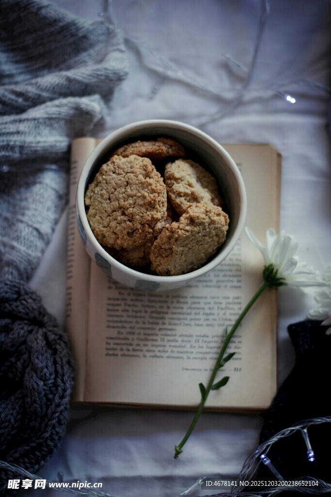 书本上的饼干与素雅小花