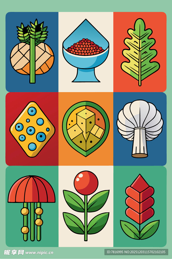 多彩植物与几何图案插画