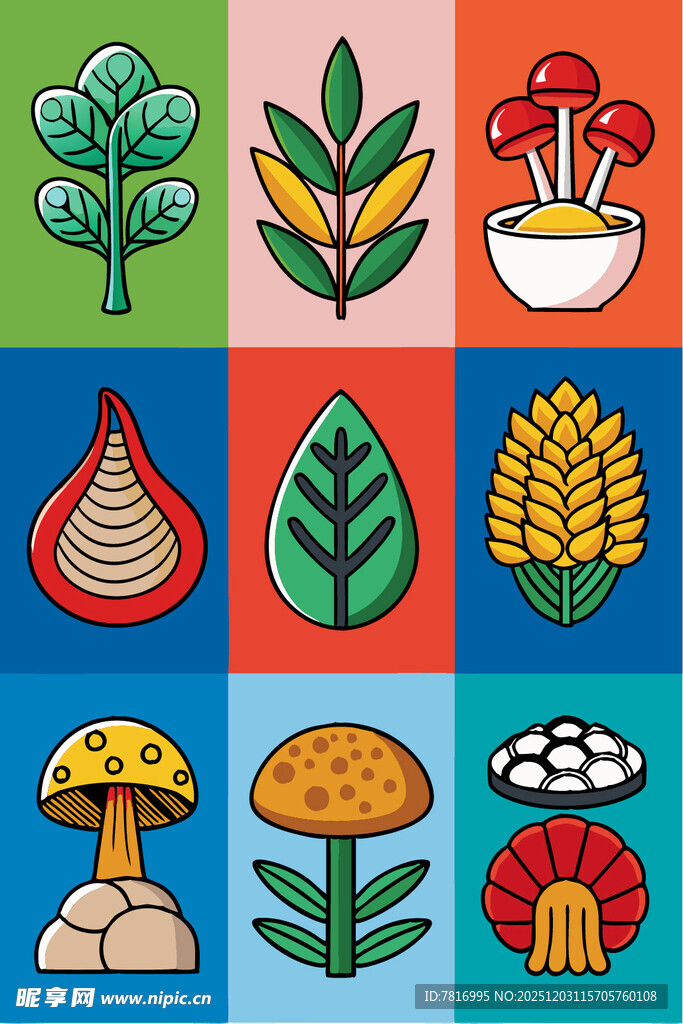 多彩植物与蘑菇插画图案