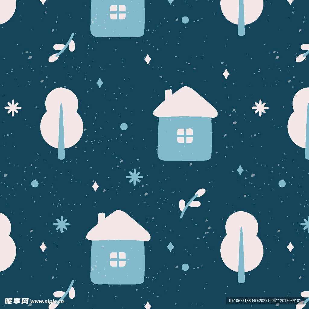 冬日雪景中的小屋与树木图案