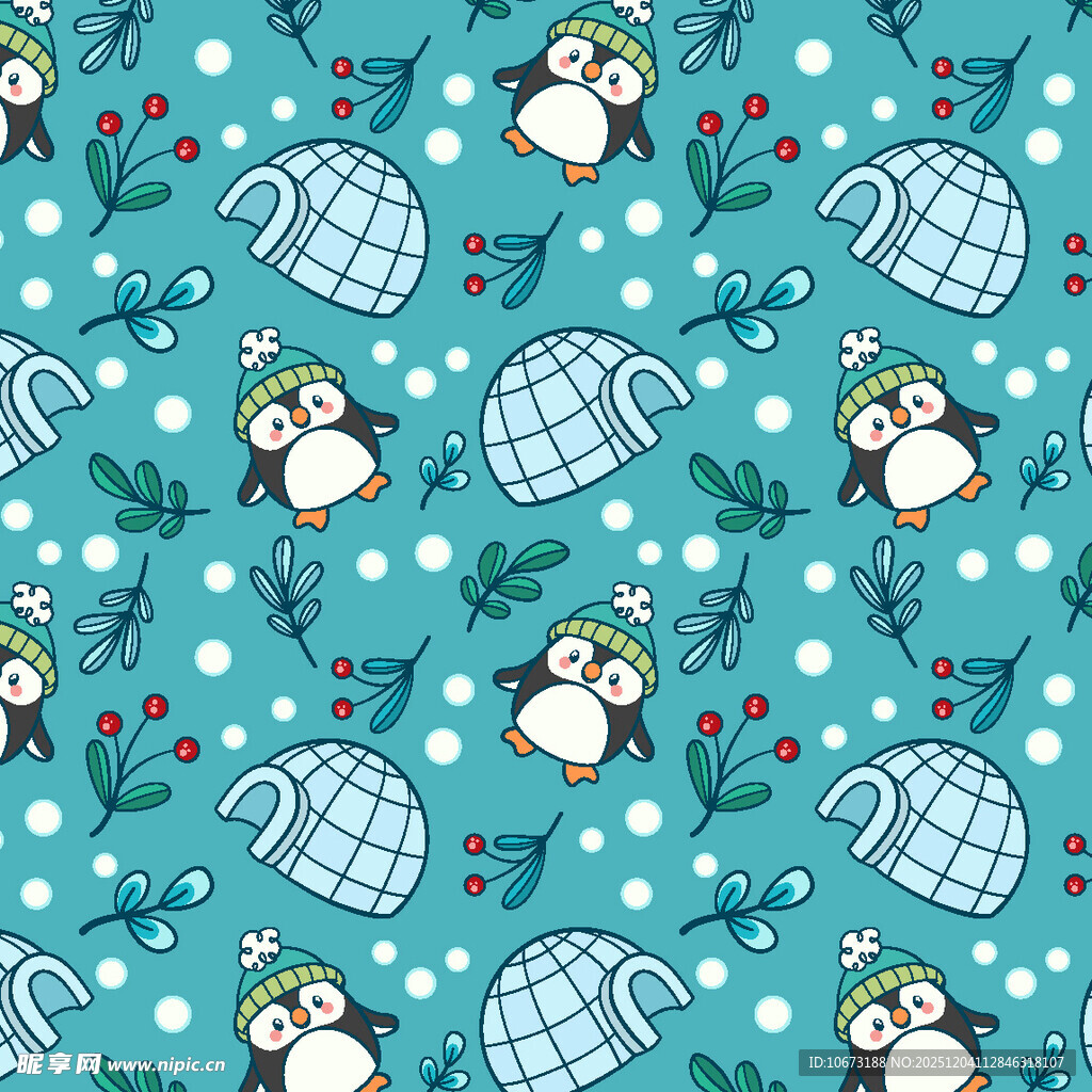 企鹅与冰屋的冬日图案