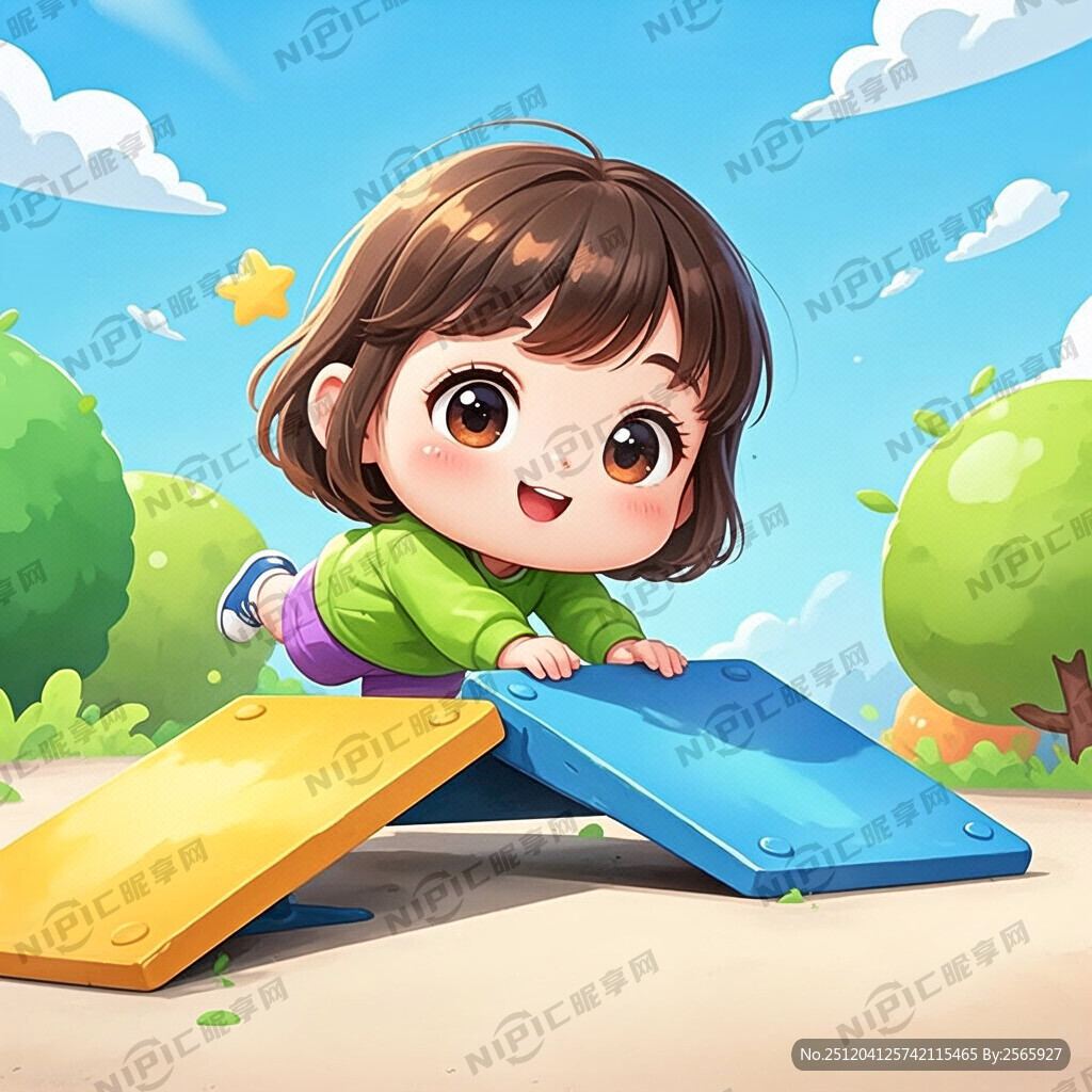 1个卡通女孩子 翻越一个踏板