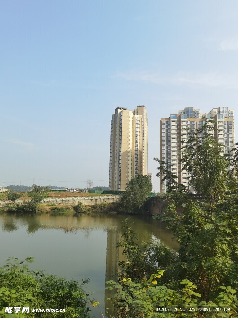 河畔高楼与绿植景观