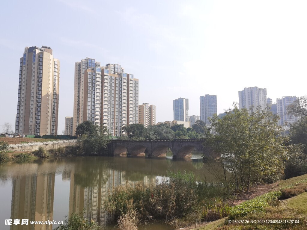 湖畔高楼林立的城市风光