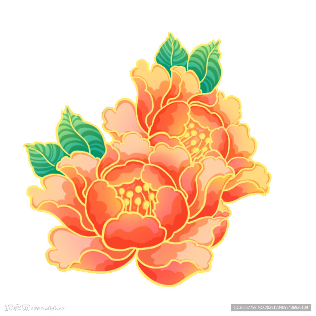 红黄色国潮风卡通吉祥牡丹花