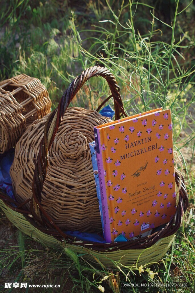草地上的书籍与编织篮