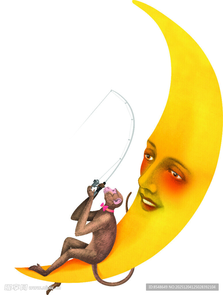 茶元素月亮上的猫咪垂钓奇幻景
