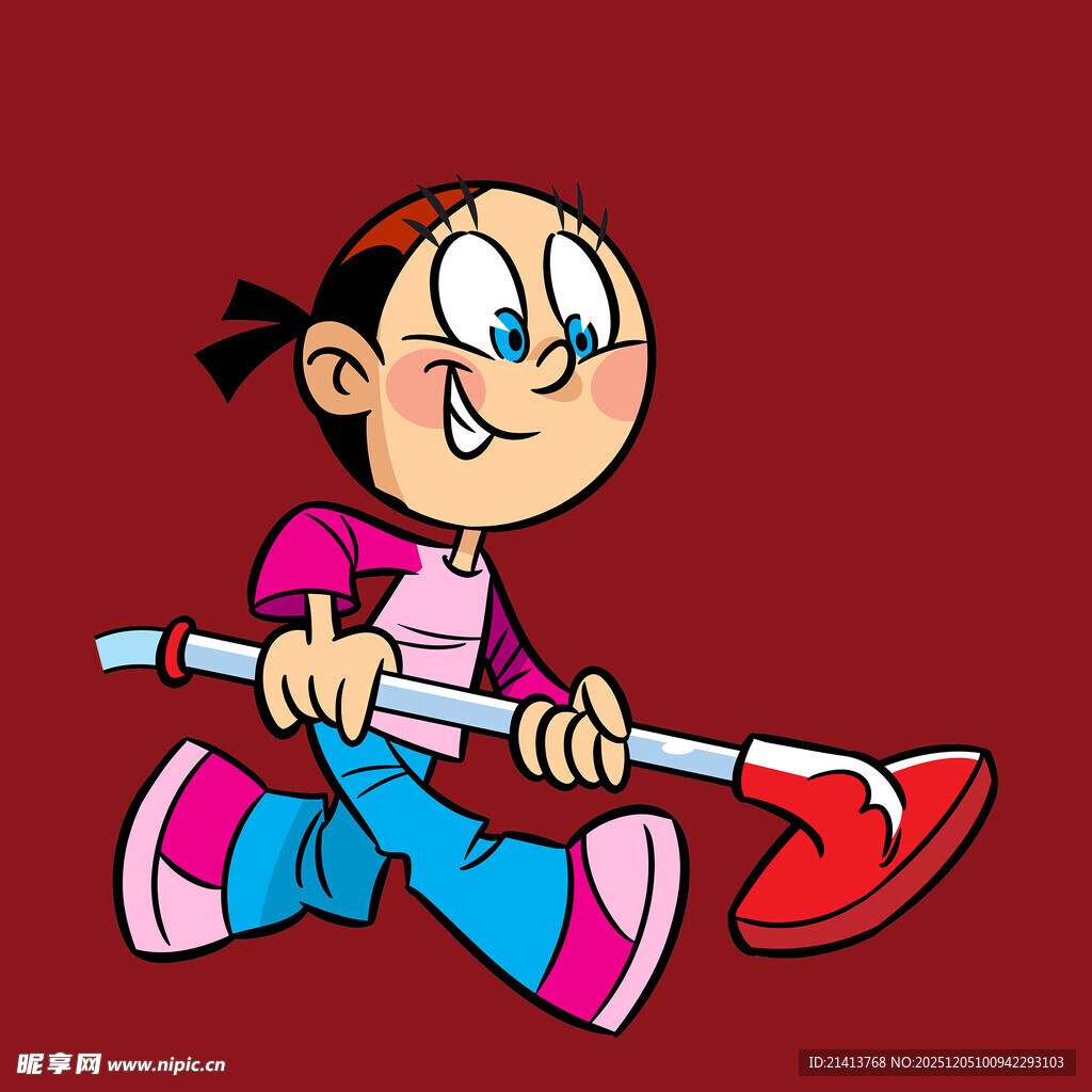 卡通女孩持铲快乐奔跑
