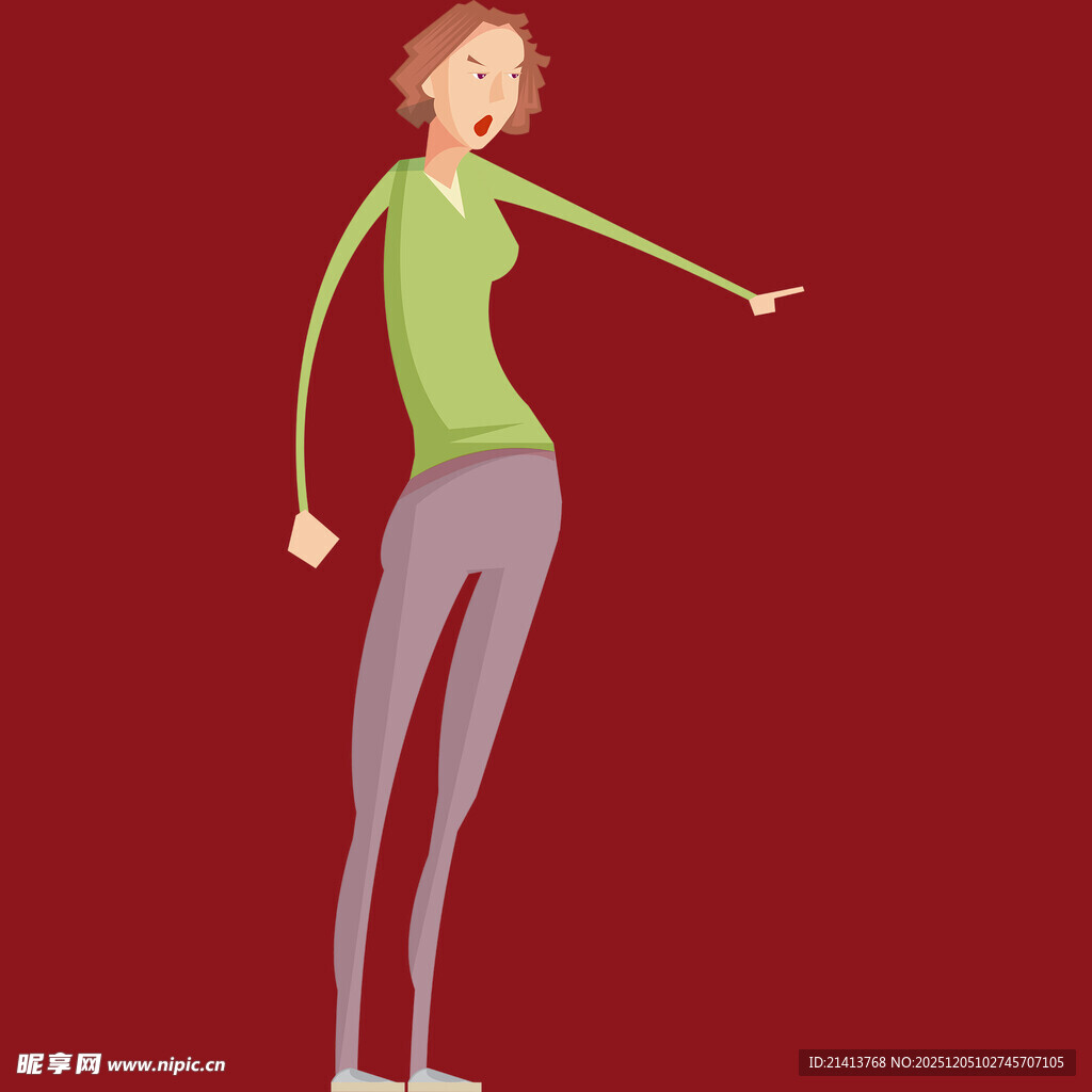 指向右侧的卡通绿衣女子