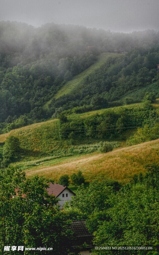山间绿野中的静谧小屋