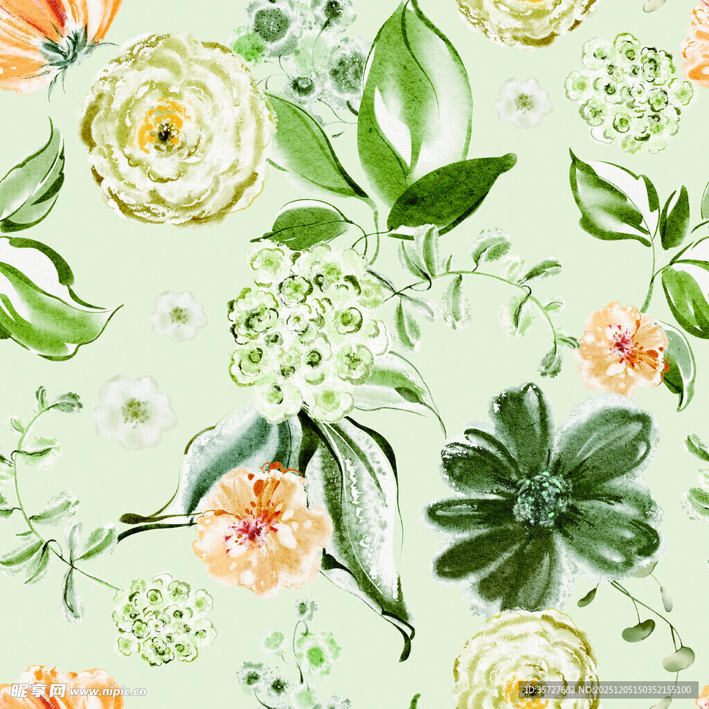 清新花卉绿植水彩图案