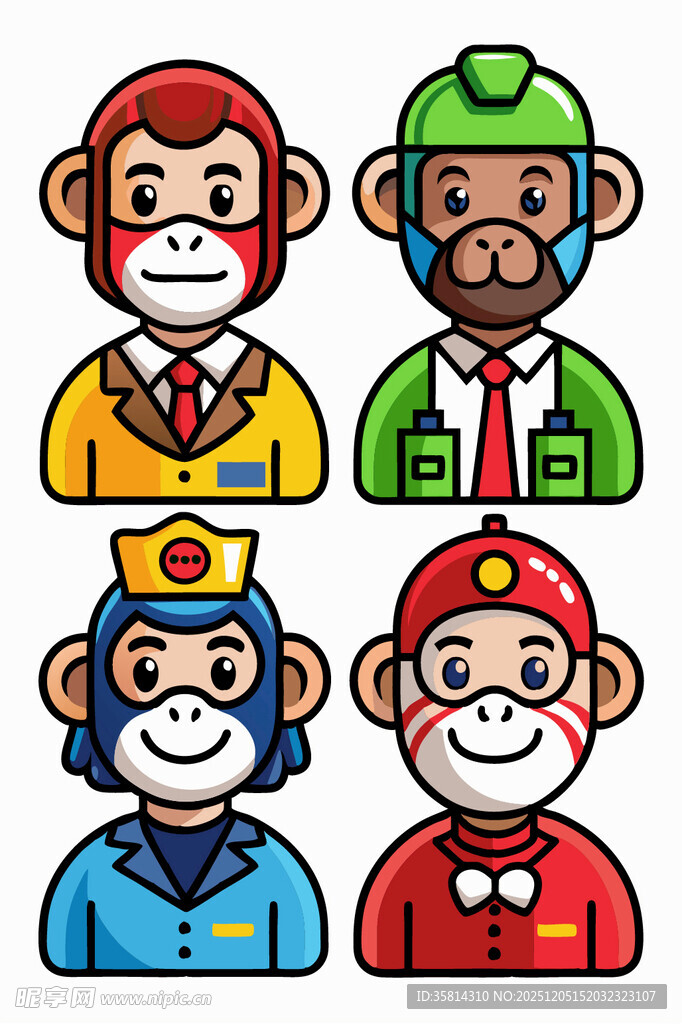 四只卡通猴子职业形象图