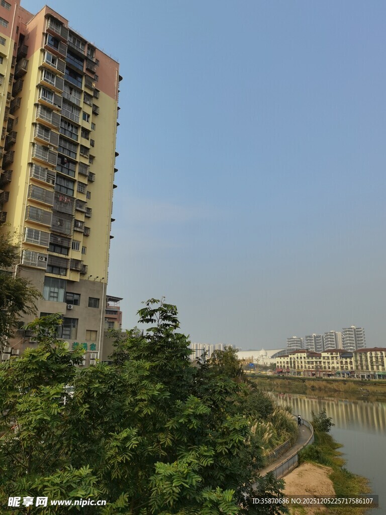 河畔高楼与绿植景观