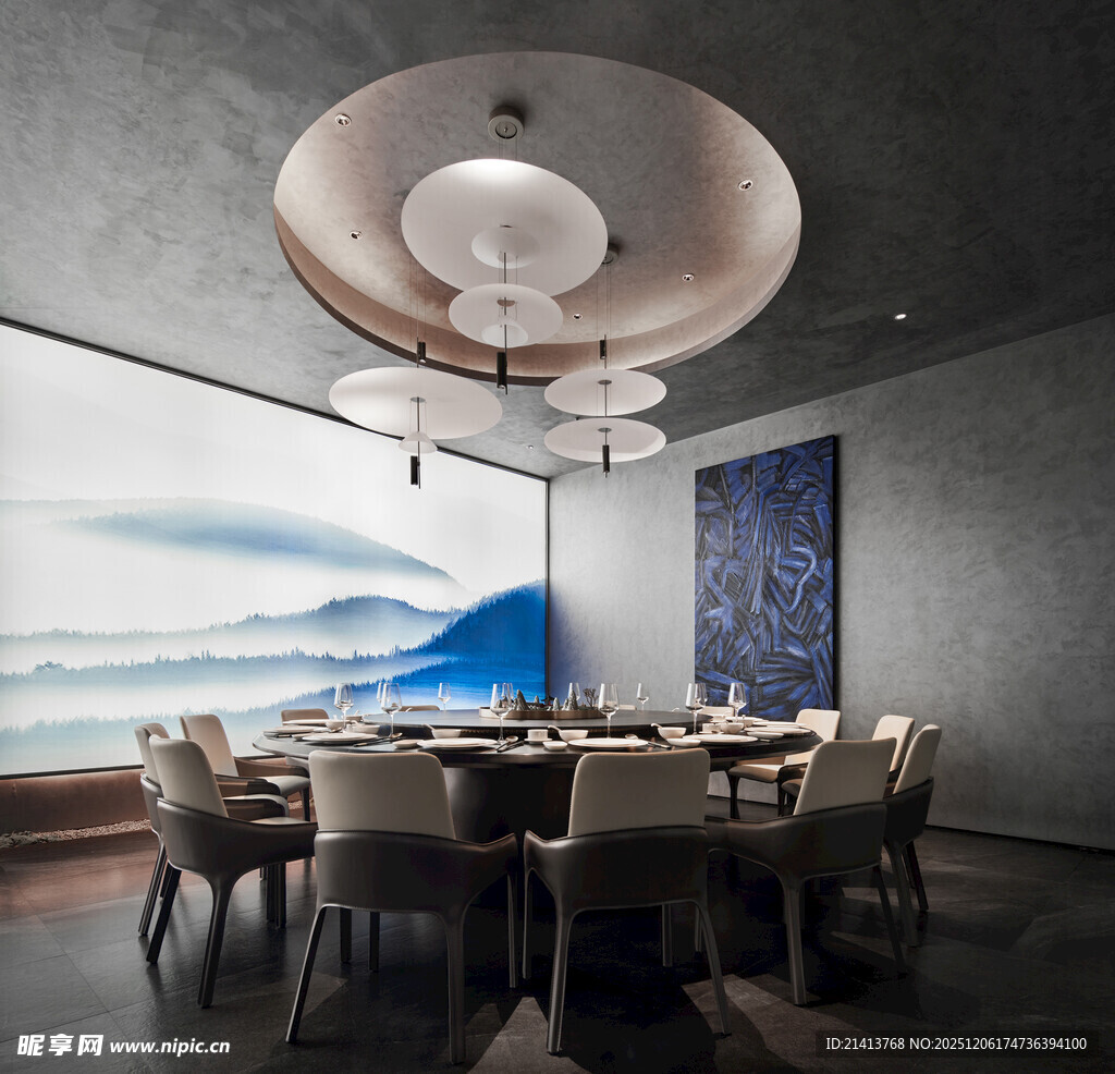现代餐厅优雅吊灯与餐桌