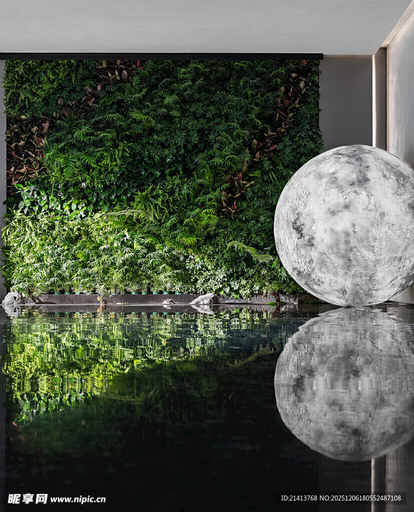 室内绿植旁的仿真月亮摆件
