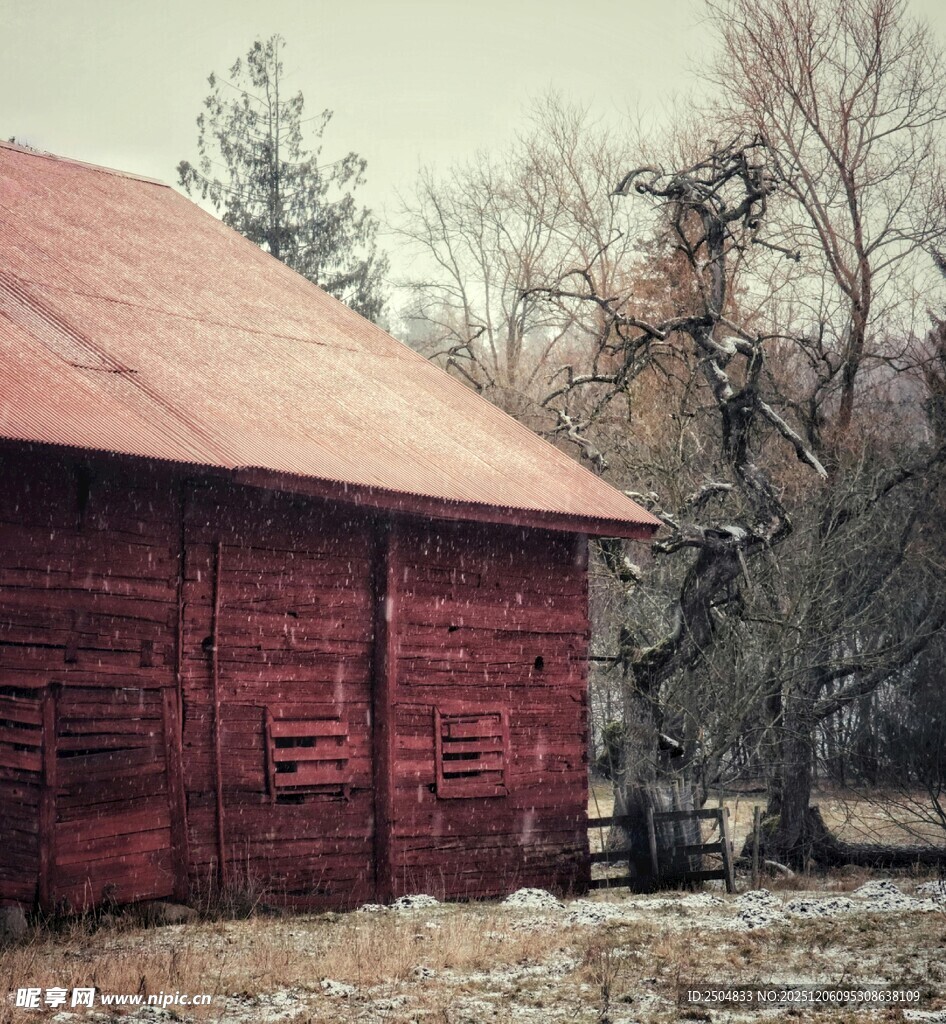 老旧红谷仓与周边景致