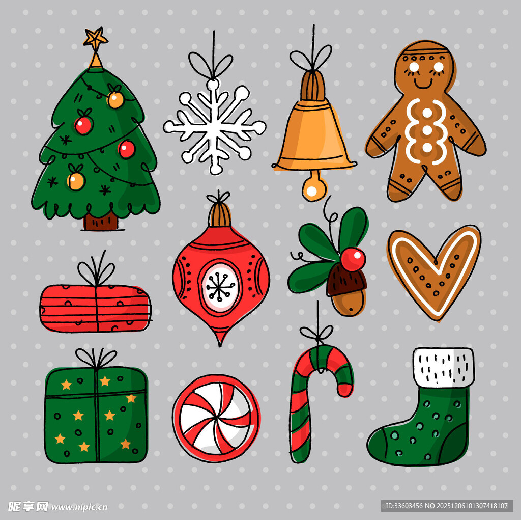 圣诞装饰元素手绘插画