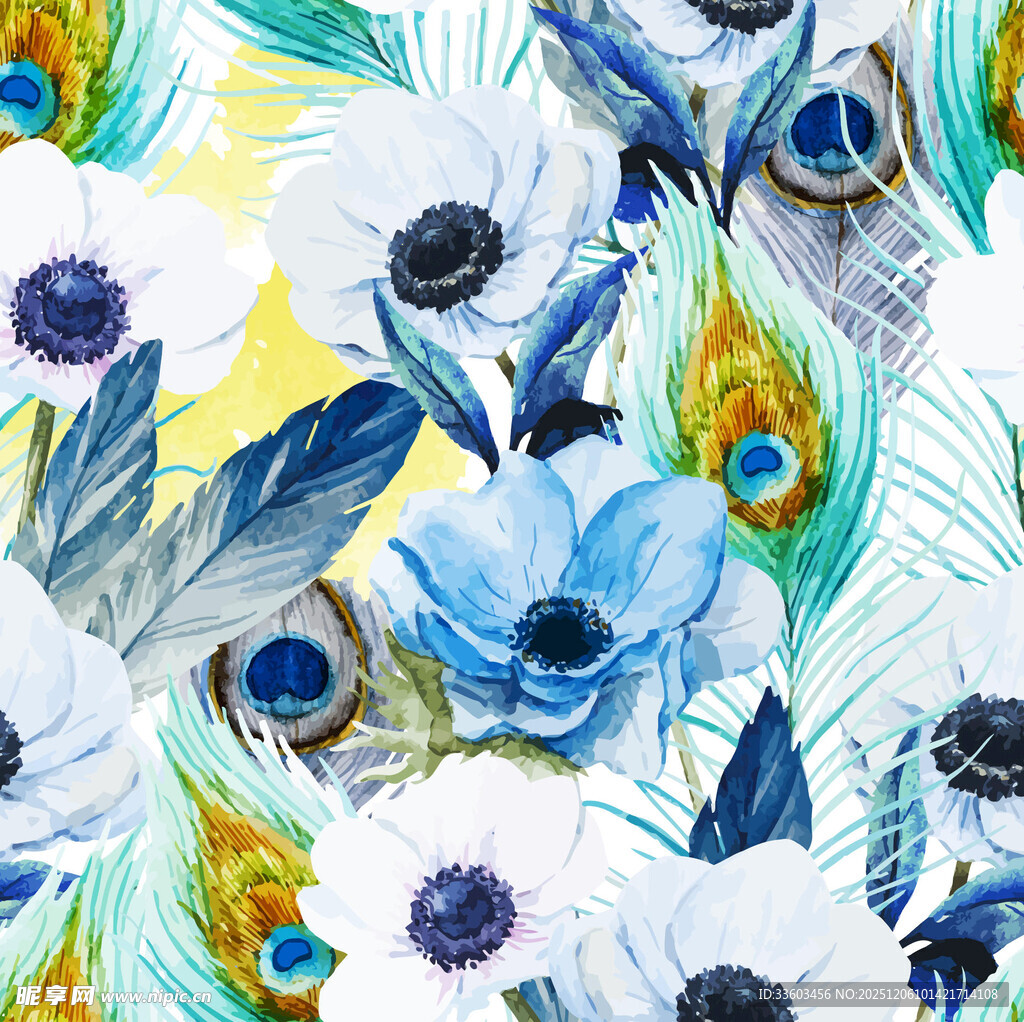 蓝白花卉与孔雀羽毛图案