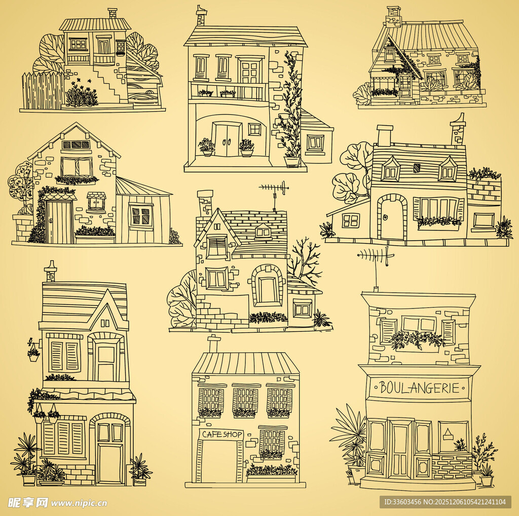 手绘复古风格房屋插画