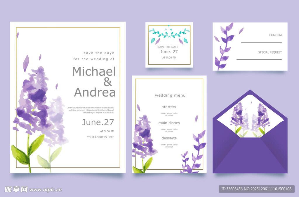 紫色花卉婚礼请柬设计