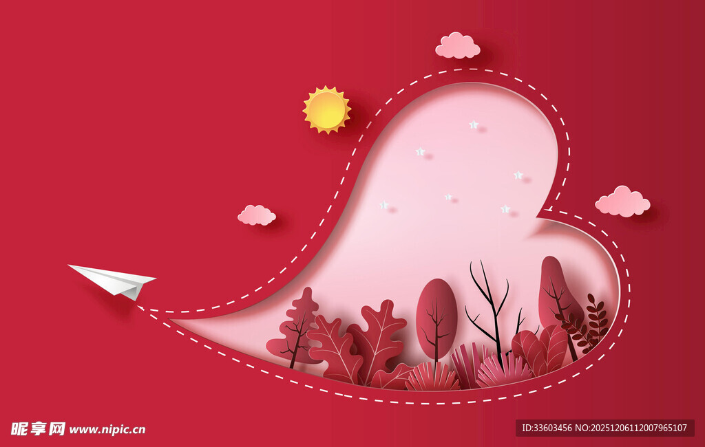 心形剪纸风浪漫花卉场景