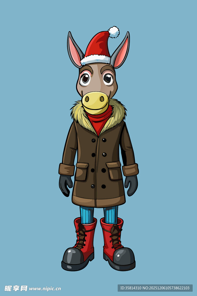 戴圣诞帽穿大衣的卡通驴