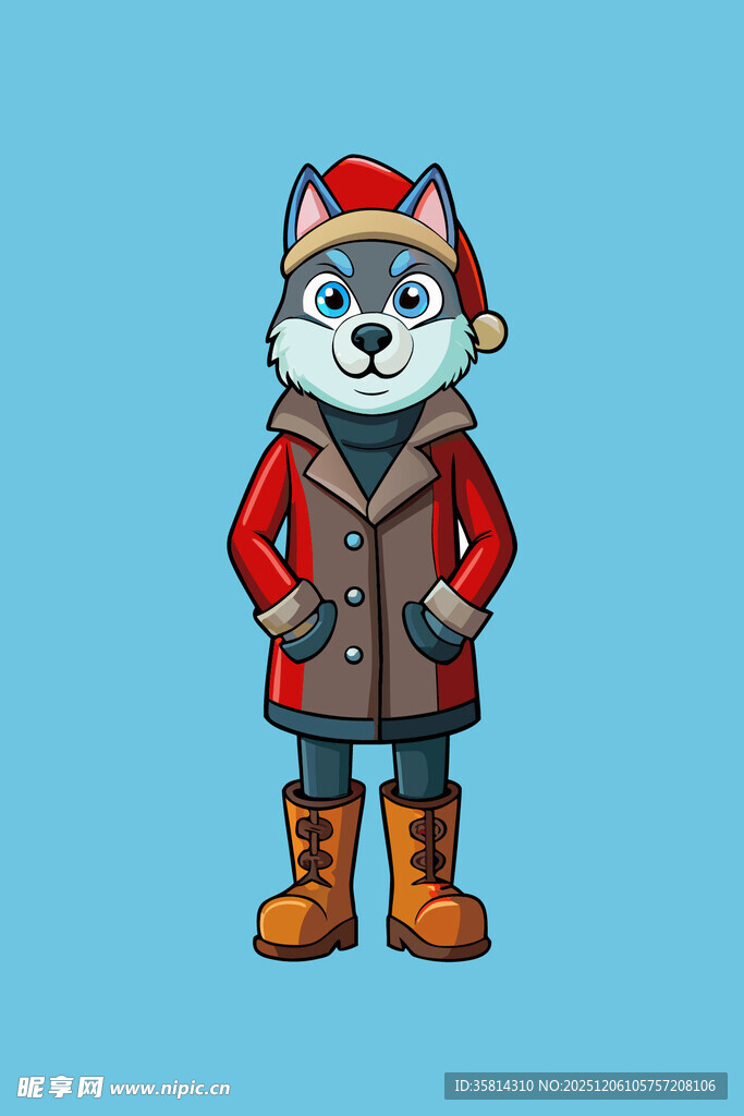 穿着冬装的卡通哈士奇