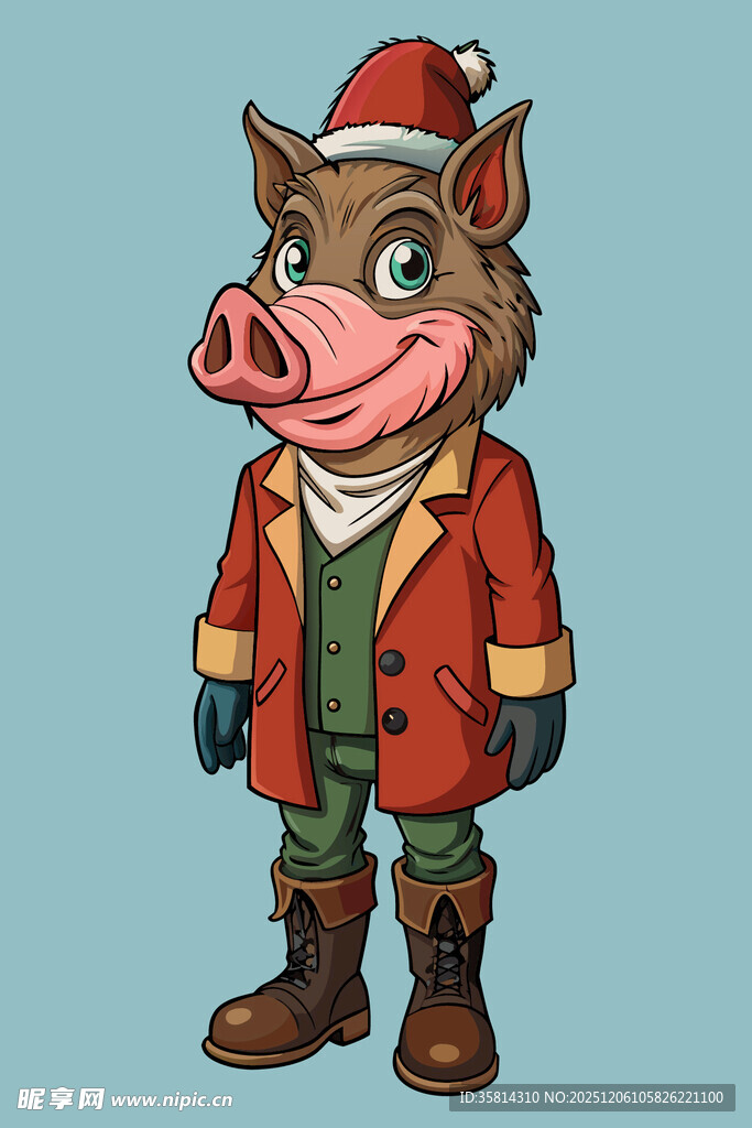 圣诞装扮的卡通野猪形象