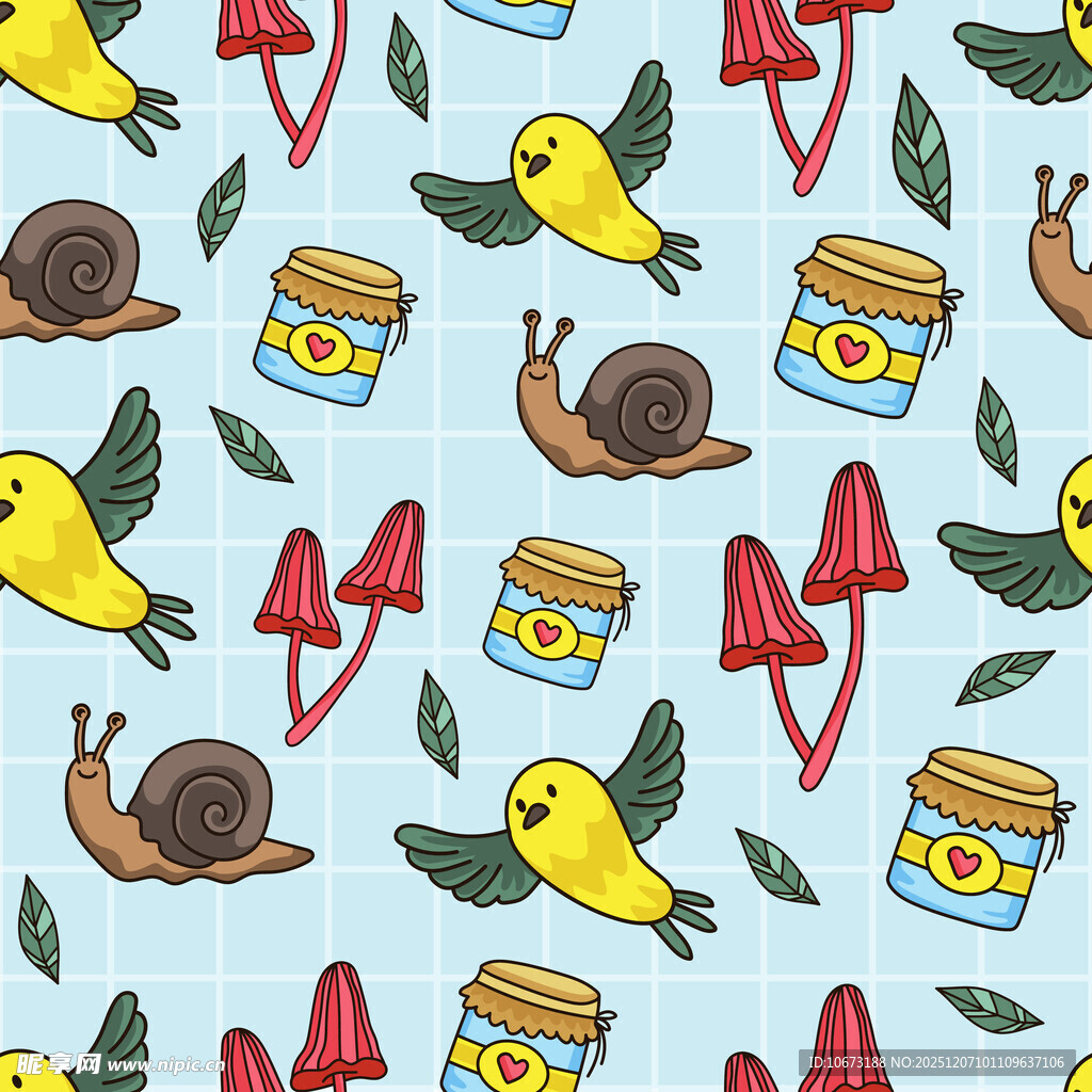 可爱动物与罐子蘑菇图案