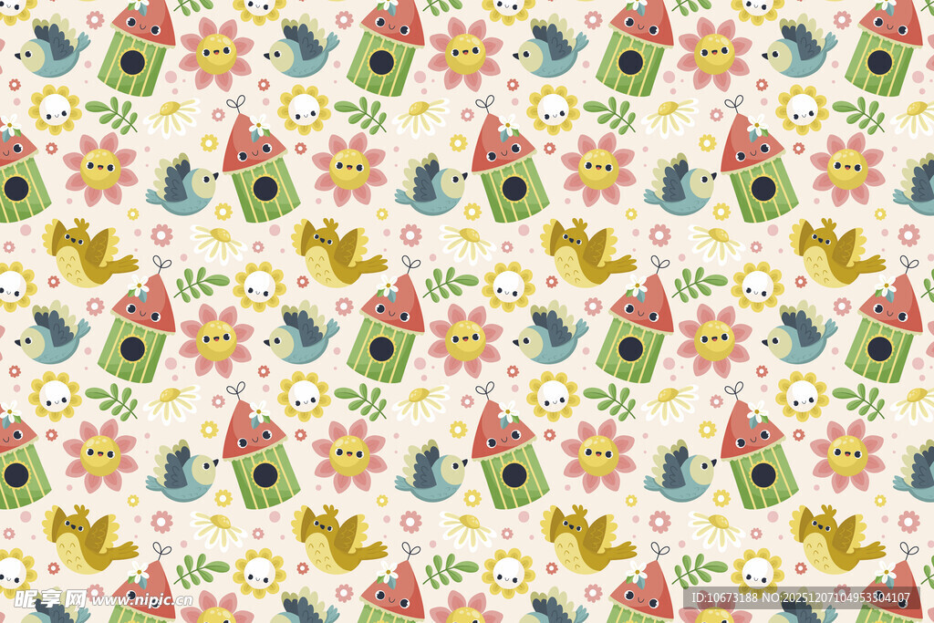 多彩小鸟花朵印花图案