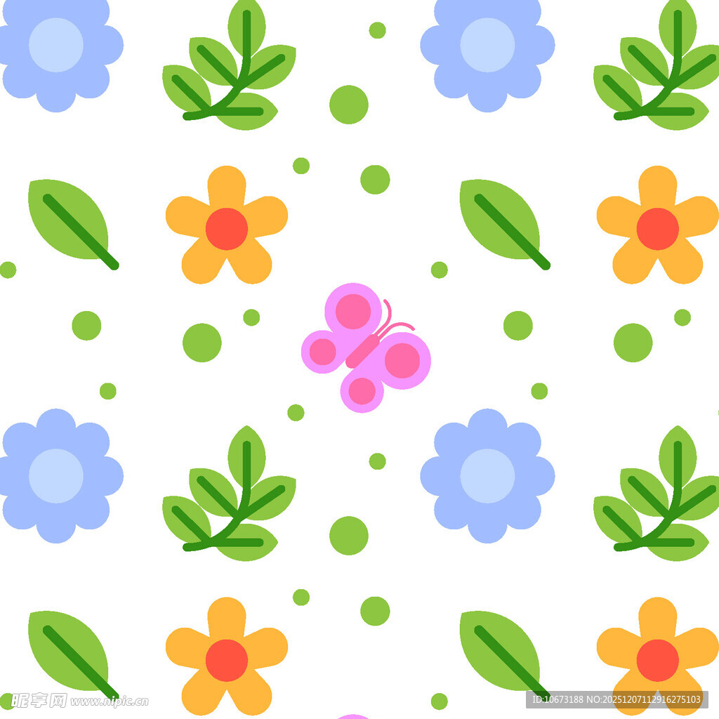 多彩花卉绿叶无缝图案