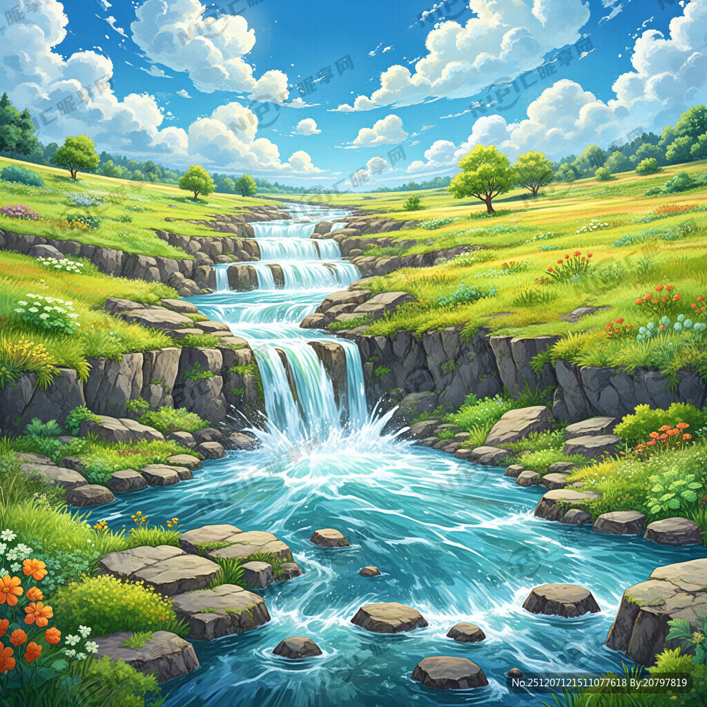 瀑布河流 平原草地 自然风光