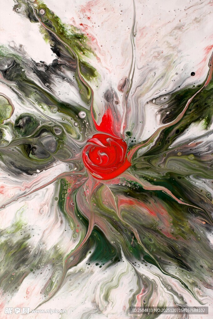 水彩绘红色花朵与绿叶