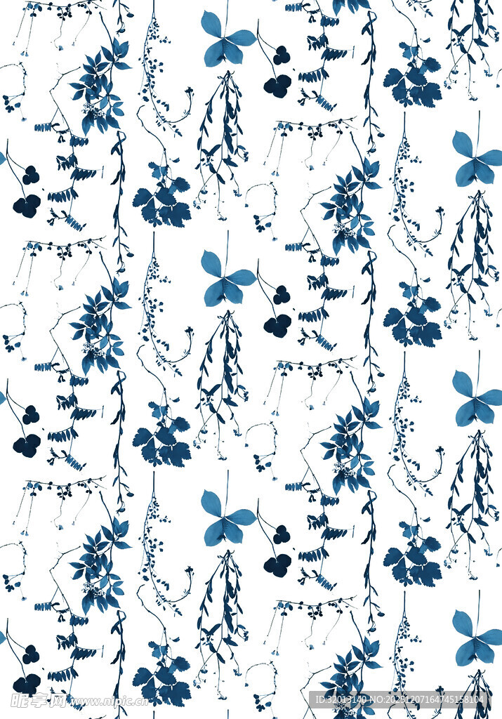 蓝白花卉飞鸟图案背景