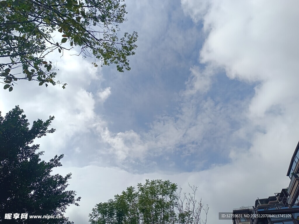 蓝天白云下的绿树与建筑