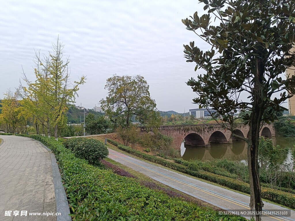 园林小径旁的古朴石桥