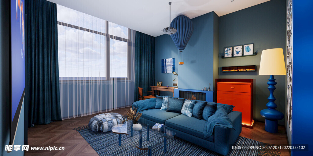 深蓝系现代风舒适客厅空间
